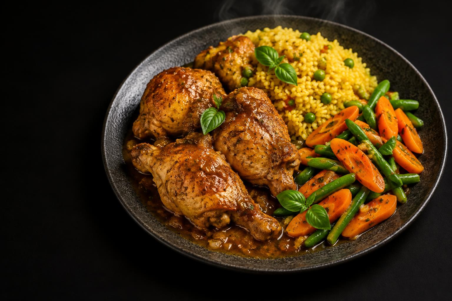 Illustrative golden chicken, savoury rice and vegetables for Lee’s Kitchen catering in Gqeberha